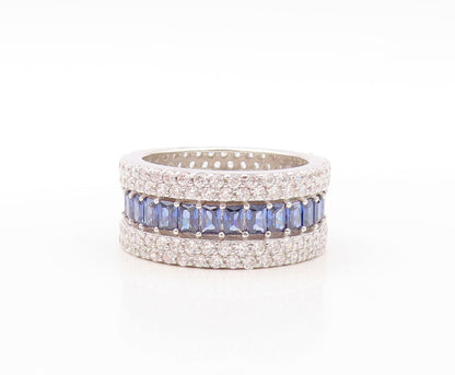 925 Sterling Silver Vintage Ring Rectangle Sapphire & CZ Bands  Sz 7.5  RG30913