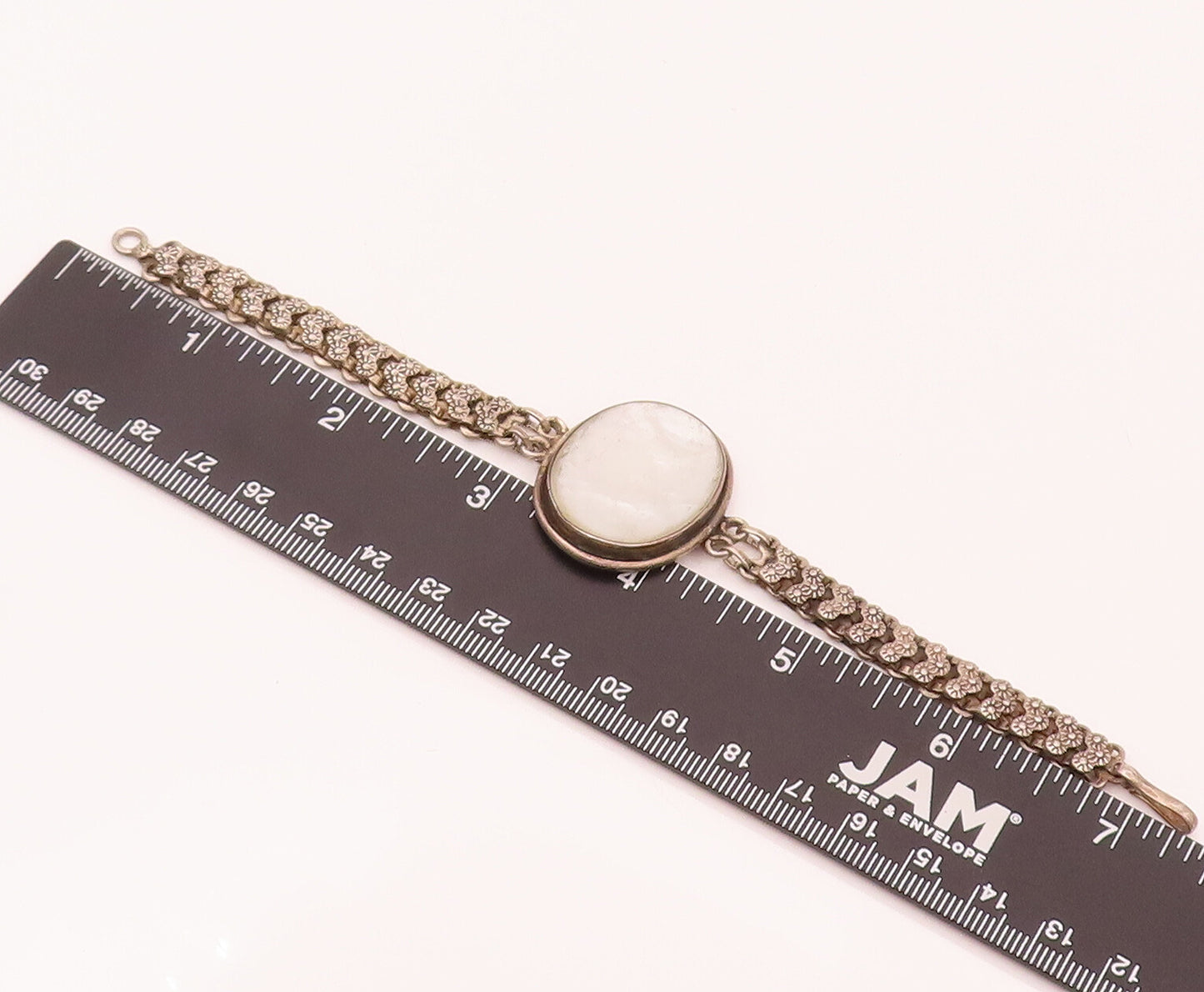 925 Sterling Silver  Vintage Mother Of Pearl Carved Chain Belt Bracelet BT9931