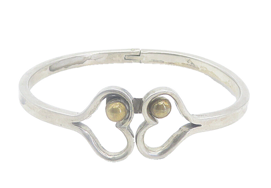 MEXICO 925 Sterling Silver  Vintage 2 Tone Love Hearts Bangle Bracelet  BT3387