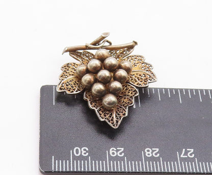 925 Sterling Silver Vintage Brooch Pin EUROPE Gold Plated Grapes Leaf  BP11353