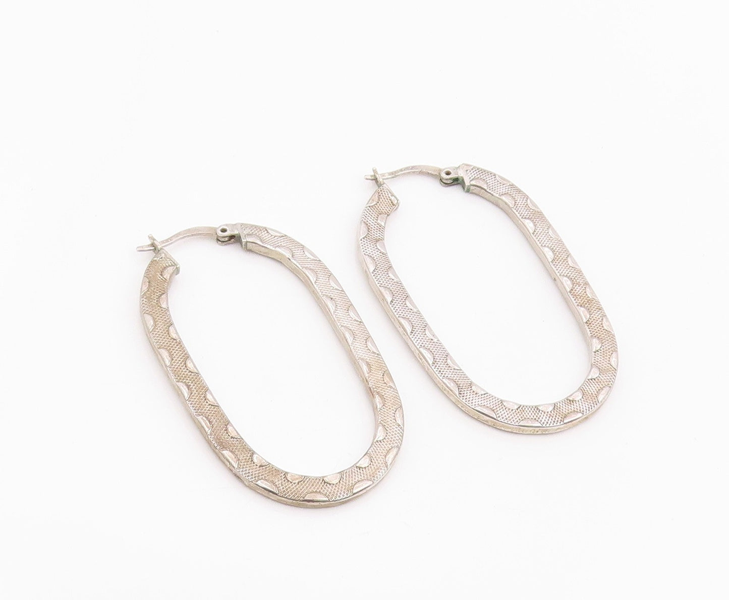 925 Sterling Silver Vintage Earrings Modernist Textured Oval Hoops  EG14258