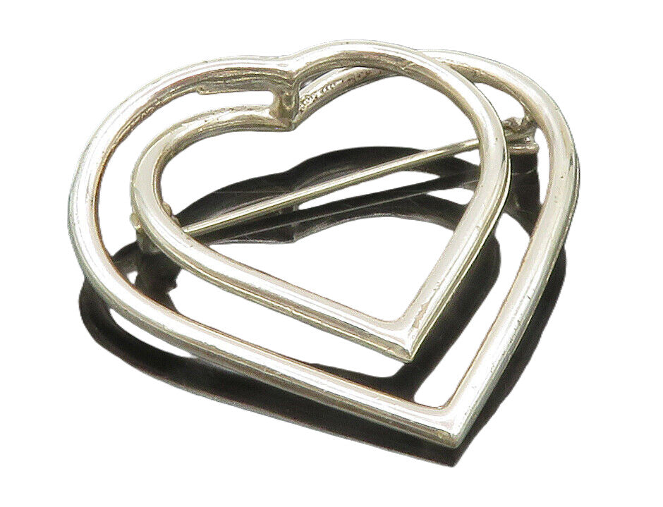 925 Sterling Silver  Vintage Shiny Double Open Love Hearts Brooch Pin  BP4660
