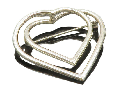 925 Sterling Silver  Vintage Shiny Double Open Love Hearts Brooch Pin  BP4660
