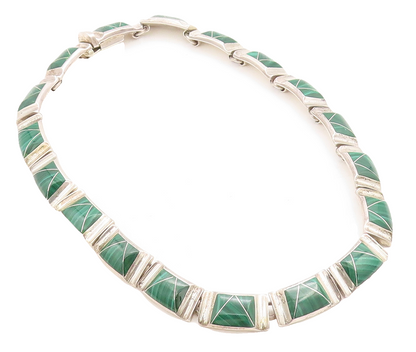 MEXICO 925 Sterling Silver  Vintage Malachite Heavy Chain Necklace  NE2134