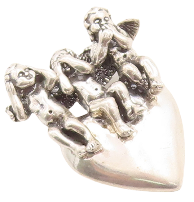 925 Sterling Silver Vintage Pendant KABANA 3 Monkeys Of Gandhiji Heart PT23784