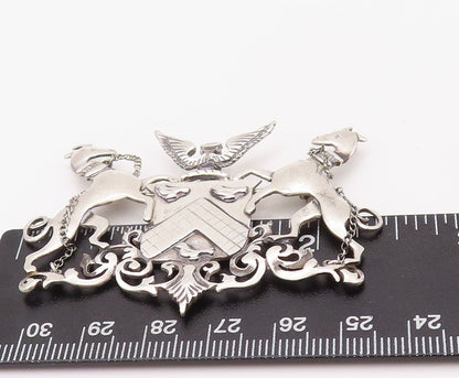 925 Sterling Silver Vintage Brooch Pin Coats Of Arms 2 Dogs Eagle Crest  BP11189