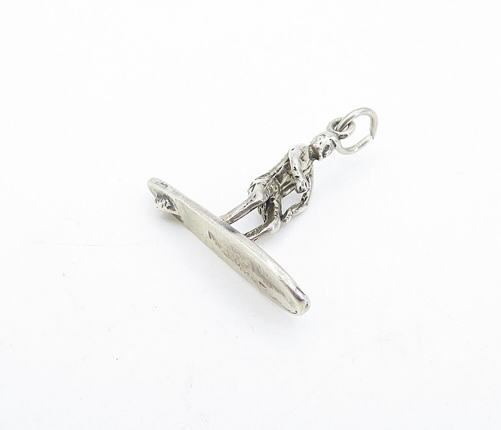 925 Sterling Silver  Vintage Petite Sculpted Surfer Man Drop Pendant  PT4796