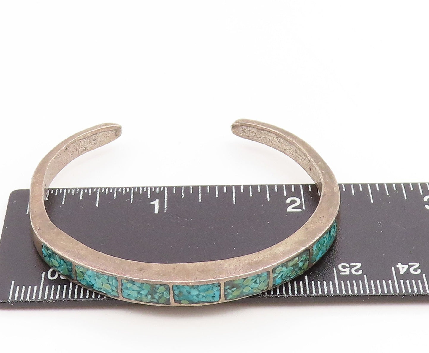 925 Sterling Silver Vintage Bracelet NAVAJO ZUNI Crushed Turquoise Inlay BT11886