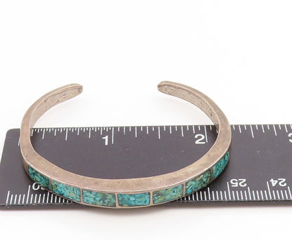925 Sterling Silver Vintage Bracelet NAVAJO ZUNI Crushed Turquoise Inlay BT11886