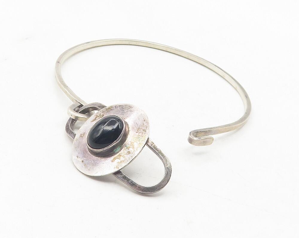 EM NAVAJO 925 Silver  Vintage Cabochon Black Onyx Hook Bangle Bracelet  BT4637