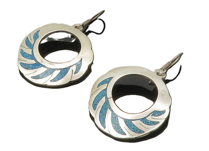 MEXICO 925 Silver  Vintage Inlaid Turquoise Round Dangle Earrings  EG7847