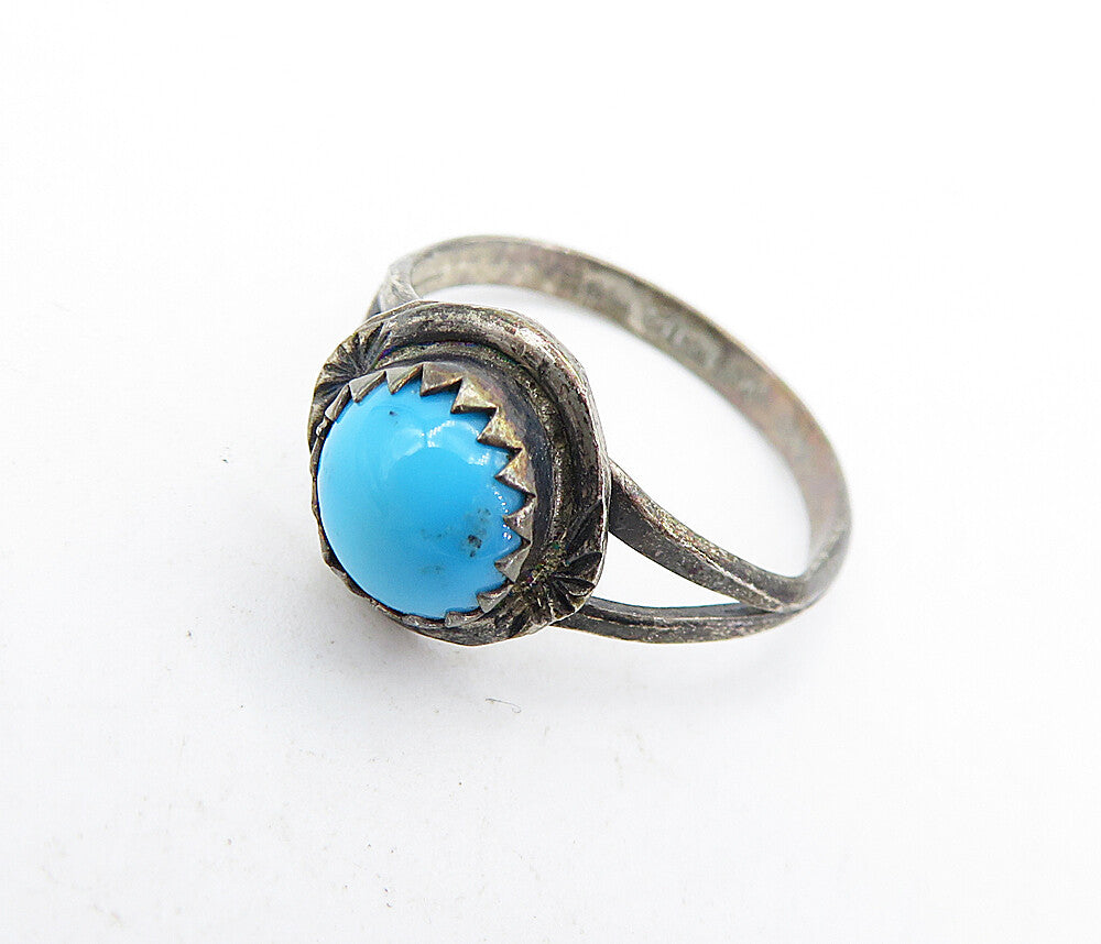 NAVAJO 925 Sterling Silver  Vintage Turquoise Solitaire Ring Sz 4.5  RG5102
