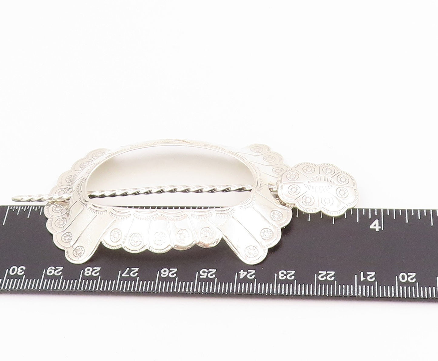 925 Sterling Silver Vintage Hair Barrette Etched Intricate Concho Pin  TR4159