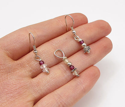 925 Sterling Silver Multi Colored Beaded Pendant & Earrings Set TR1036