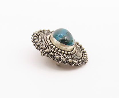 ISRAEL 925 Silver  Vintage Beaded & Wire Border Chrysocolla Brooch Pin  BP9604