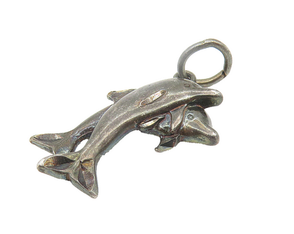 925 Sterling Silver  Vintage Petite Oxidized Leaping Dolphins Pendant  PT9113