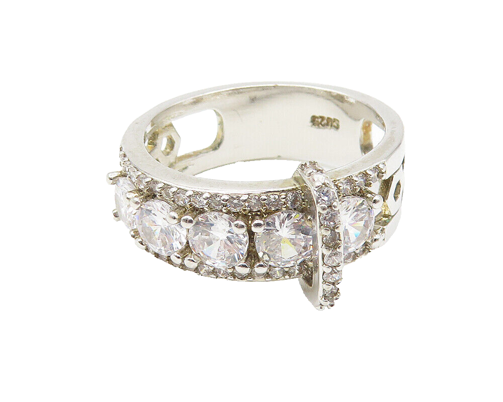 925 Sterling Silver  Sparkling Cubic Zirconia Buckle Band Ring Sz 7  RG11323