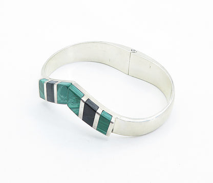 MEXICO 925 Silver  Vintage Black Onyx & Malachite Bangle Bracelet  BT2521