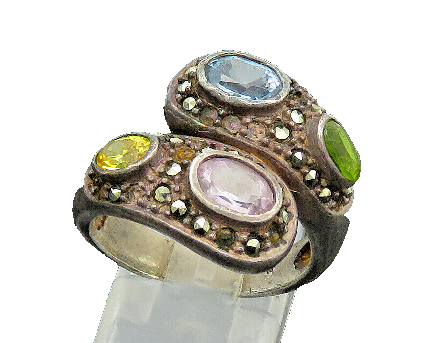 925 Sterling Silver Vintage Topaz Peridot & Multi Stone Bypass Ring Sz 7 RG20160
