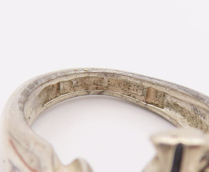 925 Sterling Silver Vintage Ring Solid Split Band Fish Carved  Sz 8  RG28955