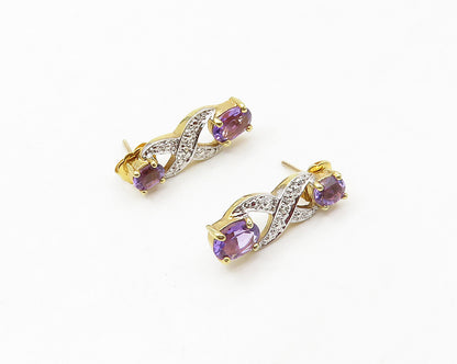 925 Sterling Silver  Amethyst & Genuine Diamonds Gold Plated Earrings  EG8871