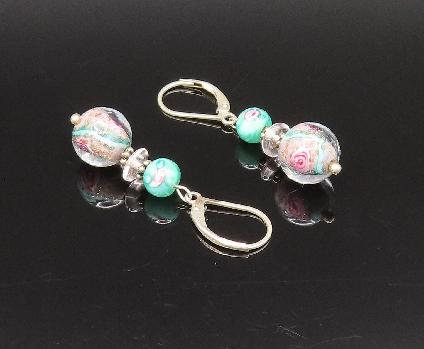 925 Silver  Vintage Beautiful Floral Bead Glass Art Dangle Earrings  EG12270