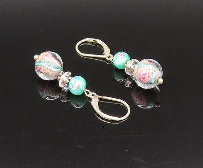 925 Silver  Vintage Beautiful Floral Bead Glass Art Dangle Earrings  EG12270