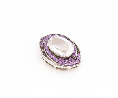 925 Sterling Silver Vintage Pendant Oval CZ Halo Amethyst Inlay Frame  PT23804