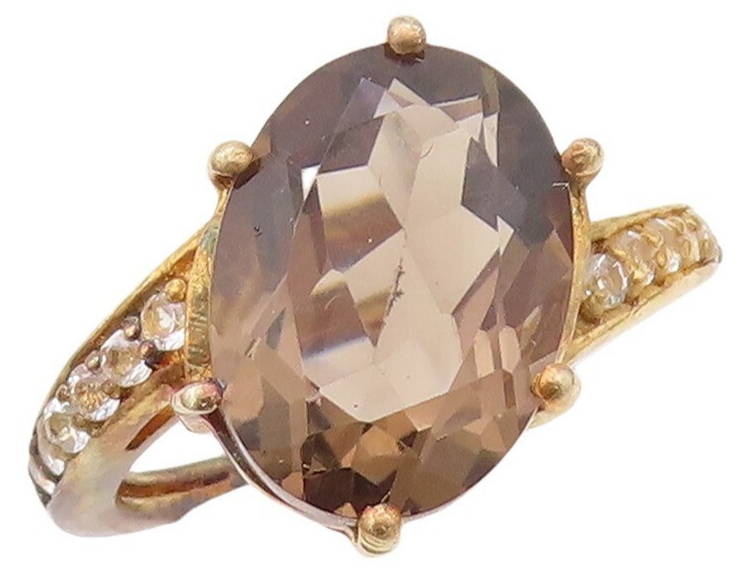 925 Sterling Silver Vintage Ring Gold Plated Smoky Quartz & Topaz  Sz 7  RG30386