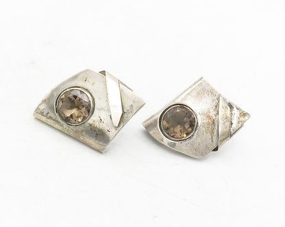 925 Sterling Silver  Vintage Smoky Topaz Modernist Folded Drop Earrings EG6355