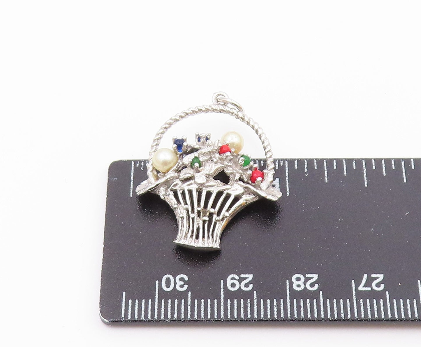 925 Silver Vintage Petite Pearls & Multi Stone Flower Basket Pendant PT18920