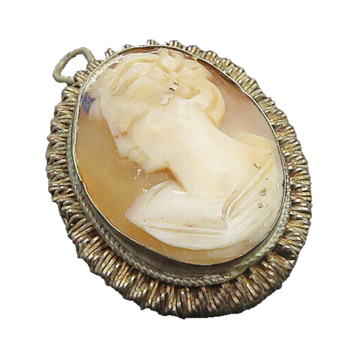 925 Sterling Silver  Vintage Antique Carved Woman Cameo Brooch Pin  BP9015