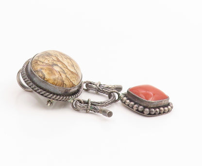 925 Sterling Silver Vintage Brooch Pin SUARTI BALI Jasper & Agate  BP12443