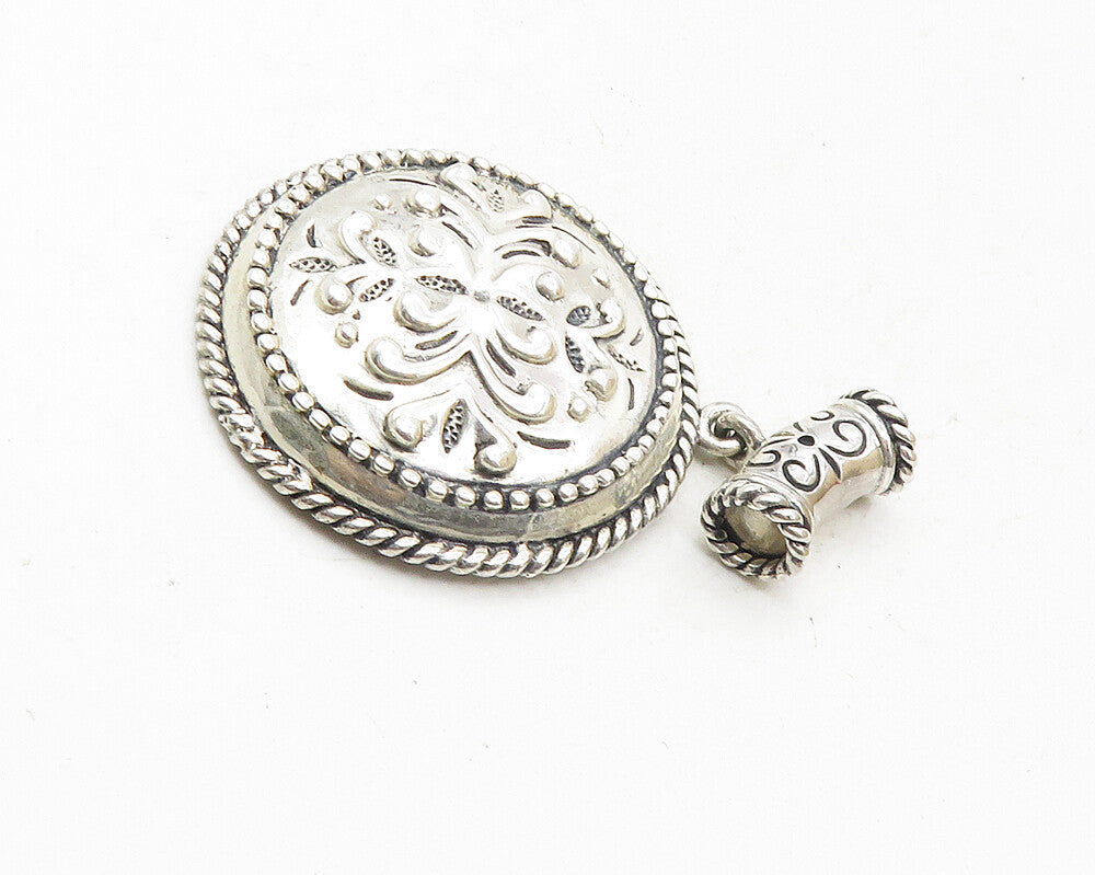 925 Sterling Silver  Vintage Raised Floral Design Round Slide Pendant  PT7488