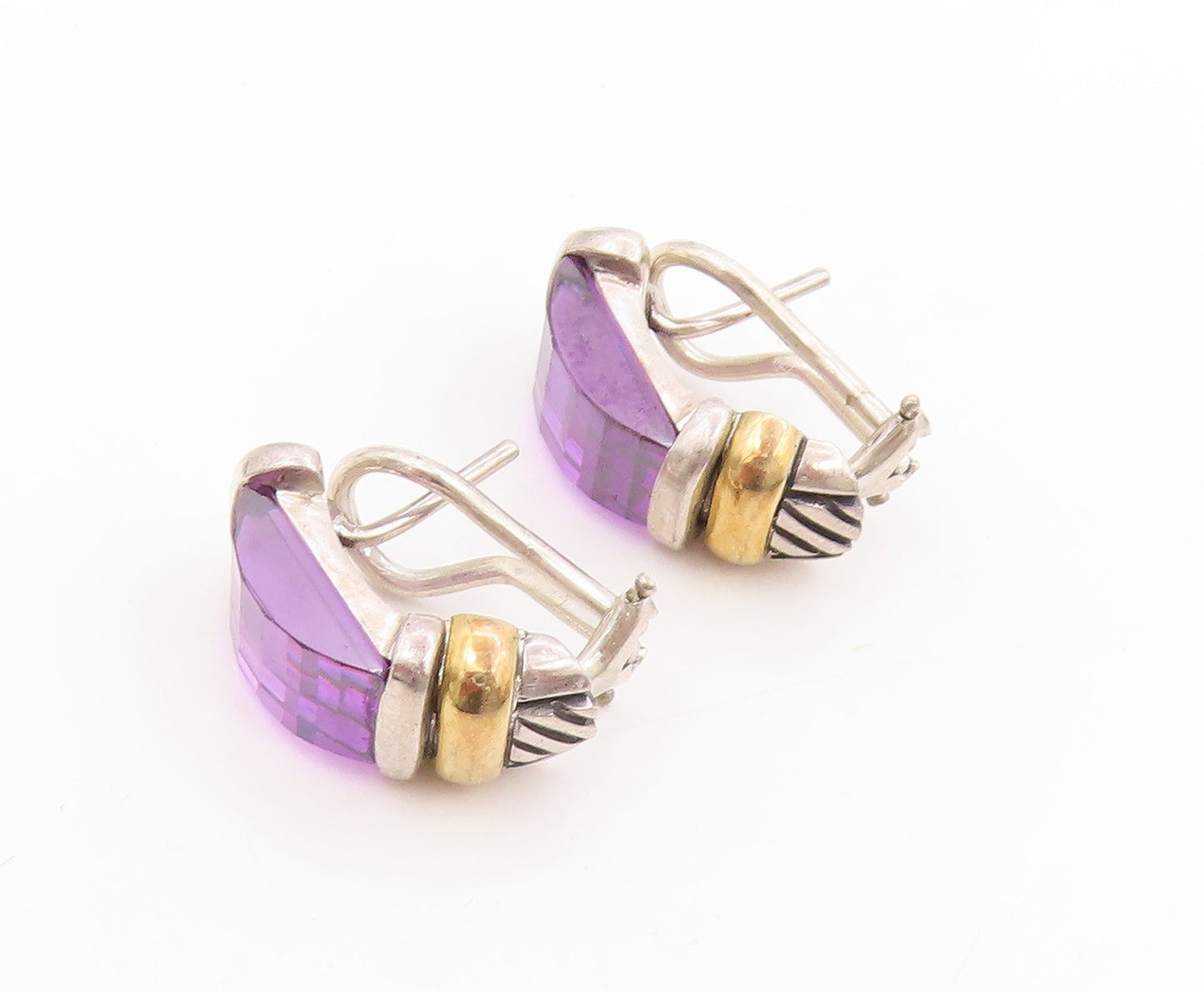 18k Gold & 925 Sterling Silver Vintage Earrings JEFFREY LEVIN Amethyst  EG14022