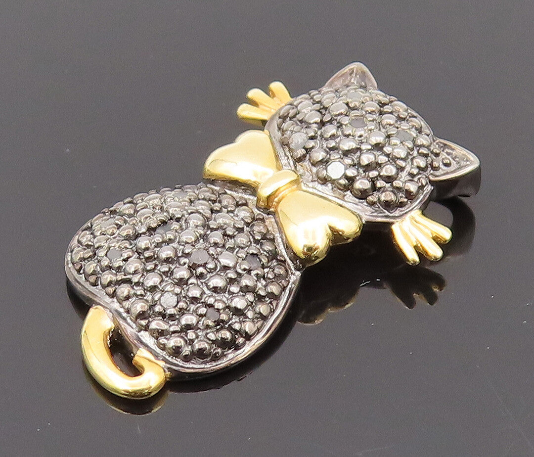 925 Sterling Silver  Vintage Black Diamond Two Tone Kitten Pendant  PT22195