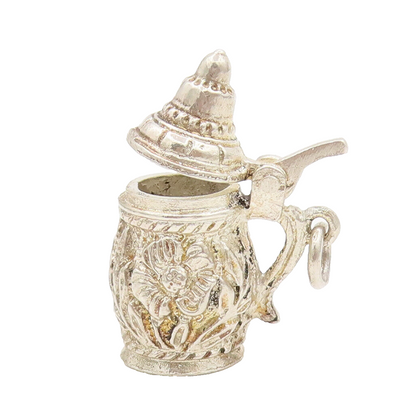 925 Silver  Vintage Floral Carved Water Jug Charm Pendant (OPENS)  PT22330