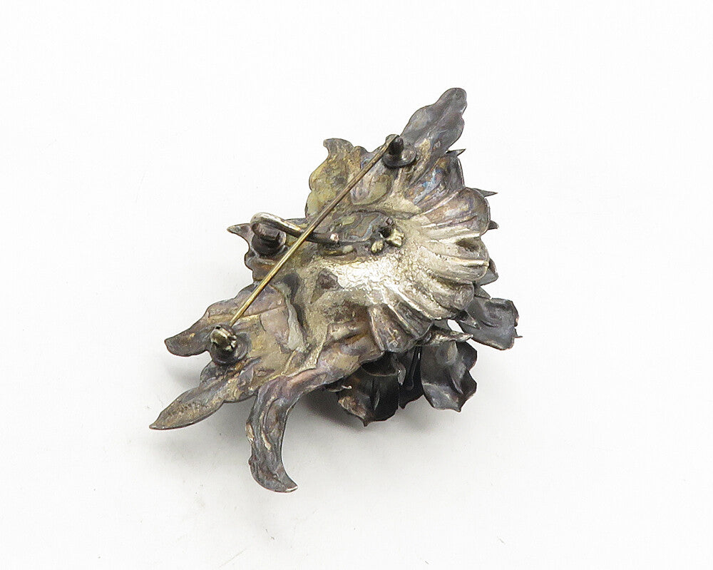 925 Sterling Silver  Vintage Antique Oxidized Flower Motif Brooch Pin  BP3942