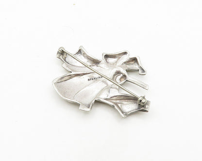925 Sterling Silver  Vintage Shiny Etched Detail Ribbon Brooch Pin  BP7716