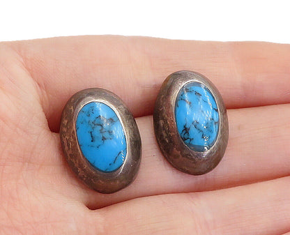 MEXICO 925 Sterling Silver  Vintage Inlaid Turquoise Oval Drop Earrings EG2688