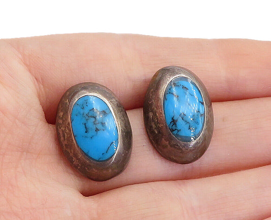 MEXICO 925 Sterling Silver  Vintage Inlaid Turquoise Oval Drop Earrings EG2688