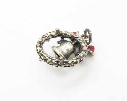 925 Sterling Silver  Vintage Enamel Ribbon Bow Wreath & Bell Pendant  PT13519