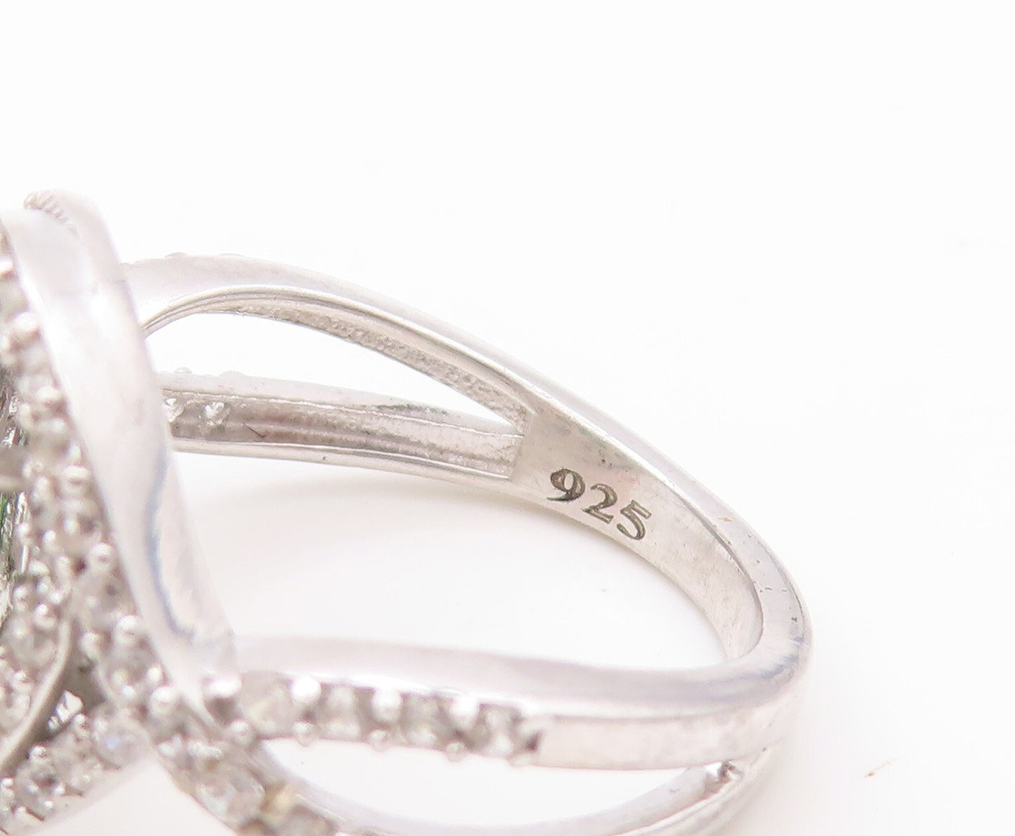 925 Sterling Silver Vintage Ring Designer Green Halo White CZ  Sz 8.5  RG30869