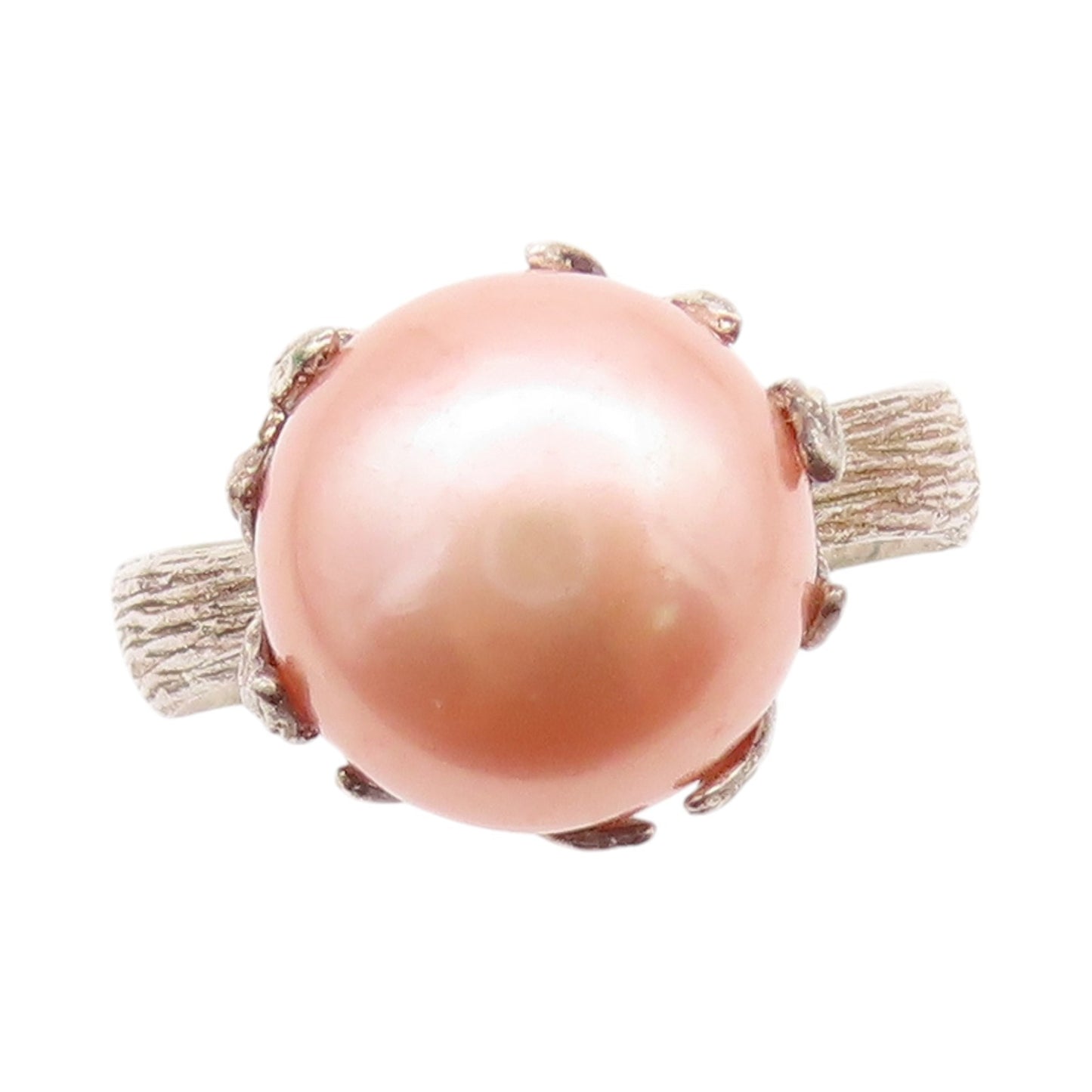 925 Sterling Silver Vintage Ring Modernist Pink Pearl Grooved Band Sz 10 RG33038