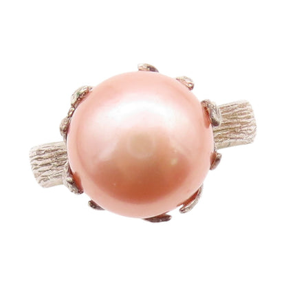 925 Sterling Silver Vintage Ring Modernist Pink Pearl Grooved Band Sz 10 RG33038