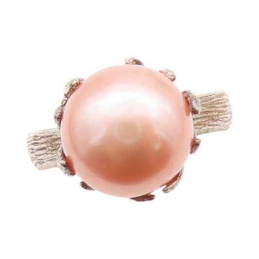 925 Sterling Silver Vintage Ring Modernist Pink Pearl Grooved Band Sz 10 RG33038