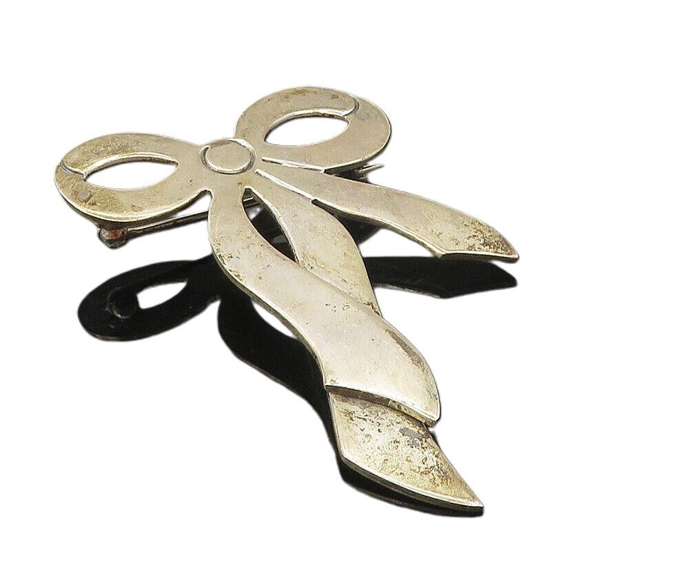 925 Sterling Silver  Vintage Shiny Smooth Bow Tied Ribbon Brooch Pin  BP3518