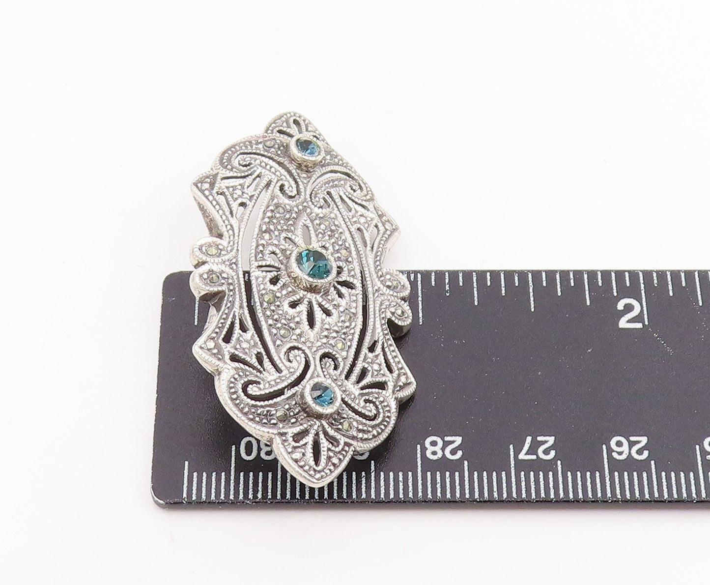 925 Sterling Silver Vintage Brooch Blue Topaz Intricate Openwork Pin  BP12416