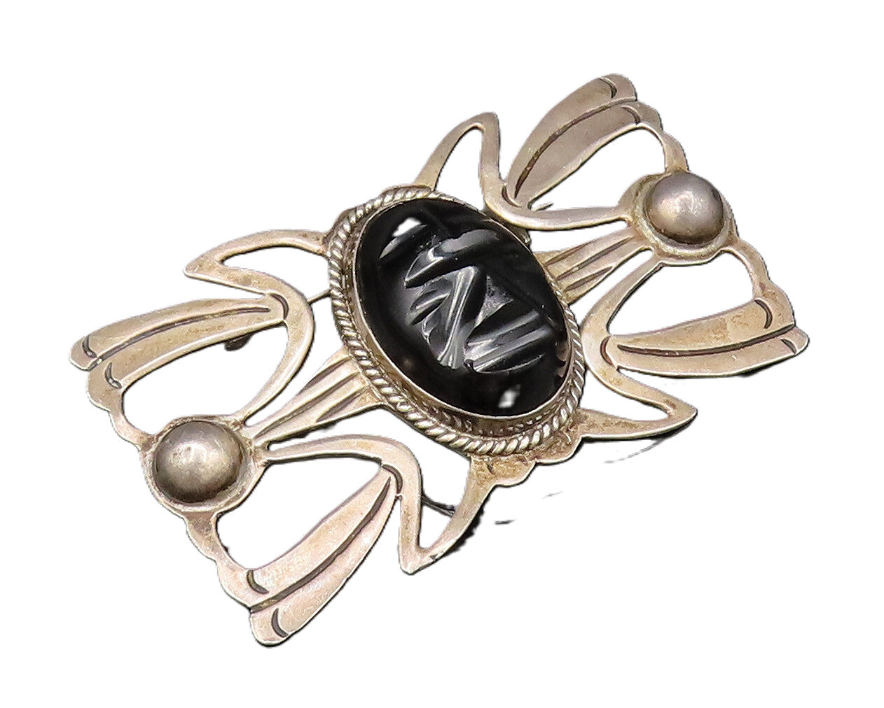 MEXICO 925 Silver  Vintage Carved Face Black Onyx Open Wings Brooch Pin BP9991