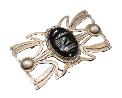 MEXICO 925 Silver  Vintage Carved Face Black Onyx Open Wings Brooch Pin BP9991